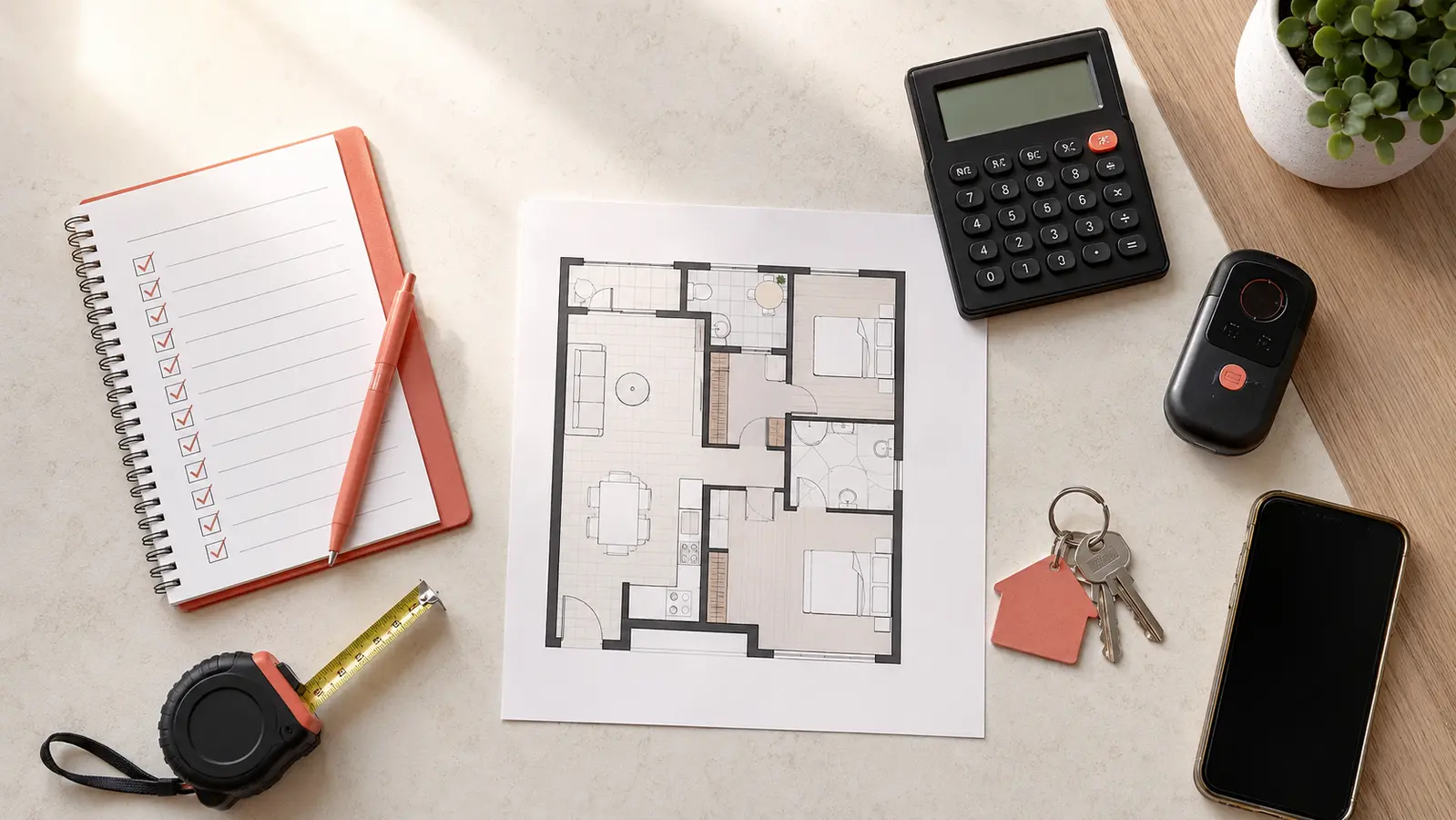 Organised property due-diligence desk with evidence and inspection tools