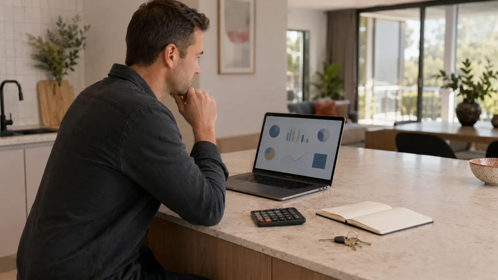 Operator reviewing property financial scenarios at a laptop