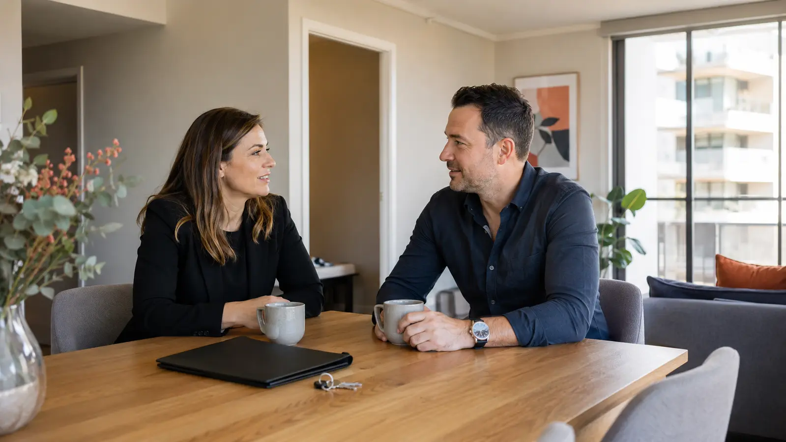 Two professionals discussing a property arrangement in a bright apartment